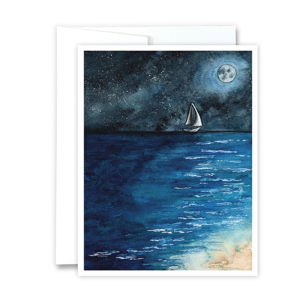 Watercolor Beach Sailboat Card | Ocean Sailboat Card, Full Moon, Sailboat Notecard, Blank Ocean Greeting Card, Nautical, All Occasion