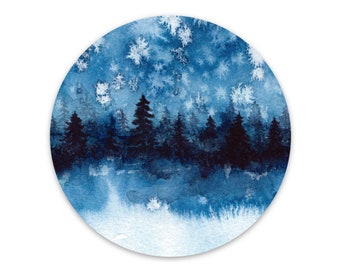 Winter Tree Line Sticker | 3" Vinyl Sticker, Circle Sticker Decal, Blue Watercolor Landscape Scene, Pine Trees, Snow, Whimsical, Small Gift