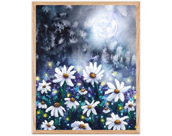 May include: A watercolor painting of a moonlit night scene with a field of white daisies and glowing fireflies. The moon is full and bright, casting a soft glow on the flowers and the surrounding forest.