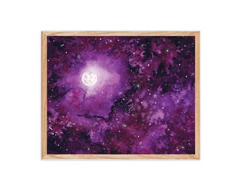 Full Moon Sky Print | Watercolor Celestial Art, Moon And Stars, Night Illustration, Purple Sky, Starry Night, Moon Print, Lunar Home Decor