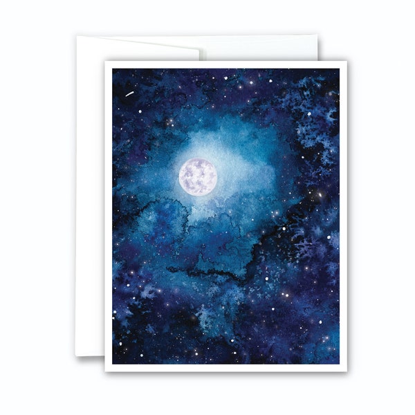 Moon And Stars Card | Watercolor Full Moon Cards, Card For Moon Lovers, Space Stationery, Witchy Birthday Card, Any Occasion Notecards