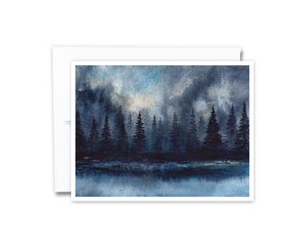 Twilight Trees Watercolor Card | A2 Notecard, Greeting Card, Art Card, Handmade, Tree Card, Nature Art, Blue Watercolor Trees Blank Inside