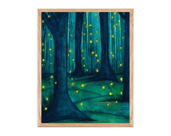 Firefly Forest Art | Fireflies Print, Lightning Bug Wall Art Decor, Watercolor Enchanted Forest Night Scene Painting, Whimsical Art Mystical