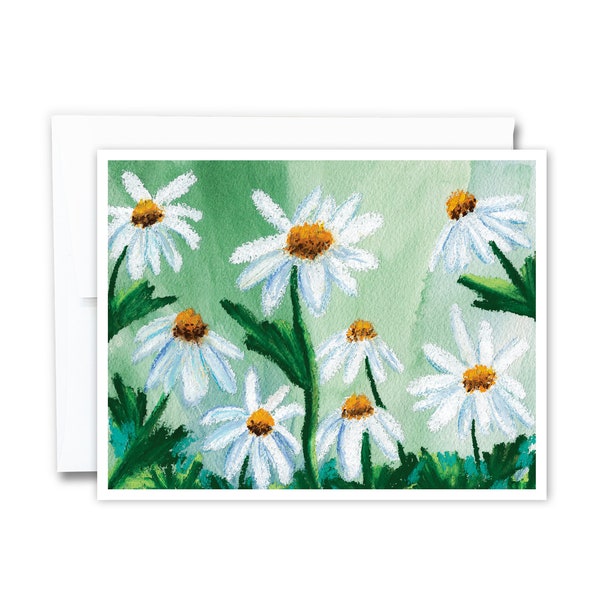 Daisy Art Card | Everyday Greeting Card, White Daisies, Daisy Stationery, Art Card, Illustrated Notecard, Oil Pastel Art, Daisy Cards