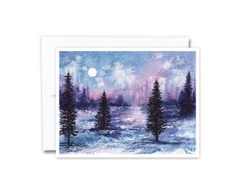 May include: Watercolor painting of a winter scene with a full moon and stars in the sky.  The painting features a snowy landscape with three dark pine trees in the foreground.