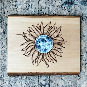 Sunflower Moon Wood Burned & Painted Sign | Handmade, Wood Sign, Sunflower Art, Full Moon Art, Mixed Media, Witchy Decor, Rustic Wall Sign