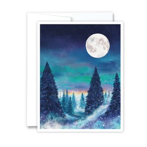 May include: A snowy forest scene with a full moon in the night sky. The trees are silhouetted against the blue and green sky, with a hint of orange in the distance. The moon is white and bright, with a few stars visible in the sky.
