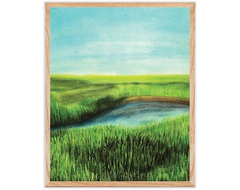 Marsh Landscape Print | Pastel Drawing Art Print, Coastal Summertime Marsh, Nature Landscape Wall Art, Countryside Blue Sky Green Landscape