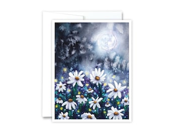 Moonlit Florals Card | Greeting Card, Any Occasion, Blank Inside, Whimsical, Daisies, Fireflies, Full Moon, Magical, Handmade, Unique