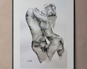 May include: Black and white watercolor painting of two figures embracing. The painting is framed in a black frame and is hanging on a wall.