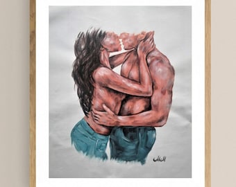 Lovers Embrace Acrylic Painting: Sensual Bedroom Wall Art (20x16)