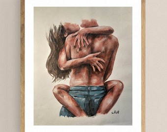 Lovers Embrace Acrylic Painting: Sensual Bedroom Wall Art (20x16)