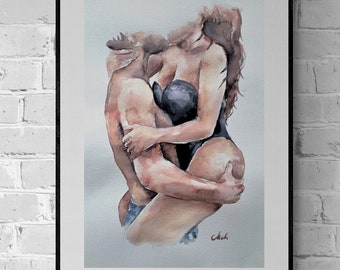 May include: A watercolor painting of a couple embracing. The woman is wearing a black dress and the man is shirtless. The painting is framed in a black frame and hanging on a white brick wall.