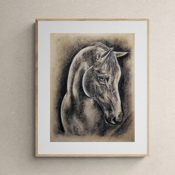 Visage de cheval - dessin équin au fusain - croquis d'animaux sur vieux papier brun - peinture au fusain vintage - dessin vieilli - art mural vintage