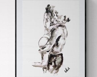Lovers Embrace Ink Art: Romantic Couple Watercolor Painting