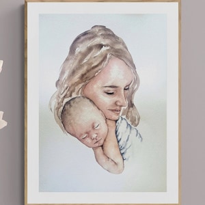 Loving mother painting - Mother holding baby wall art - gift for mother - nursery wall art - mom and child - maternal love - minimalist art