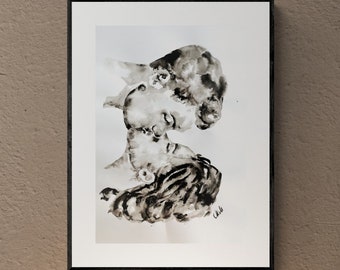 May include: A black and white watercolor painting of two people embracing. The painting is framed in a black frame and is hanging on a wall.