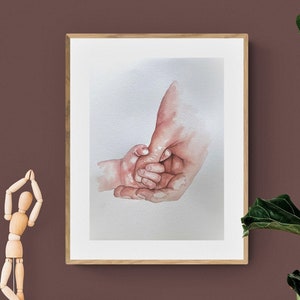 Stampa artistica ad acquerello con mani di mamma e bambino - Decorazione per cameretta nordica