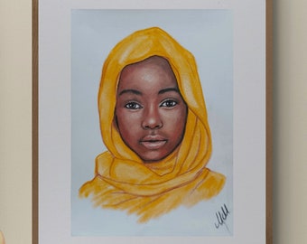 Origineel oliepastelportret: Afrikaans meisje met gele sjaal
