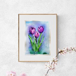 Frühlingsblumen Malerei - Original Aquarell Blumen - Aquarell Blumen - Frühlingsblumen - Lila Tulpe - Frühlingsbilder