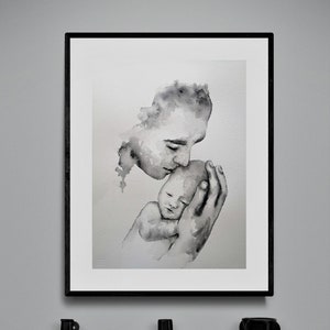 Fathers love watercolor painting - minimalist art - Dad with baby wall art - family artwork - gift for father - father holding baby