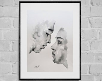 恋人たち水彩画：ミニマリストの寝室の壁アート（14x11）