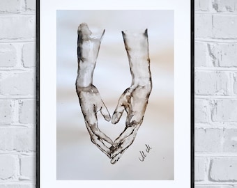 Couple Holding Hands - Neutral wall art - minimalist wall art - simple watercolor painting - partner gift - gift for couple - lovers