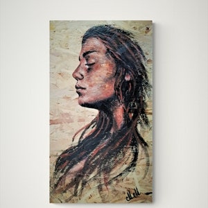 Modern wood wall art - Acrylic portrait painting on recycled wood panel - wall hanging decor - modern wood art - recycled art