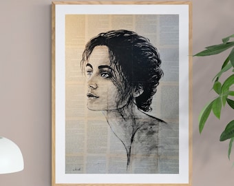 Monochromatic Profile Portrait: Mixed Media Acrylic Painting on Book Pages