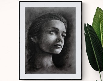 Charcoal portrait of a woman - original black and white charcoal drawing - charcoal sketch - realistic drawing - charcoal art