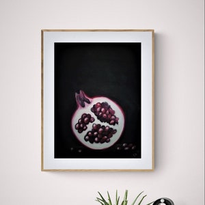 Pomegranate art is minimalist wall art made with oil pastel colors on velour paper.