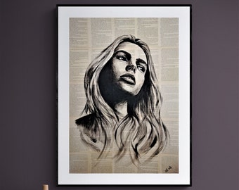 Monochrome Woman Portrait Painting: Recycled Book Art, Modern Wall Decor (20x27)