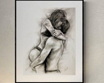 Lovers Embrace Charcoal Drawing: Sensual Bedroom Wall Art (16x20)