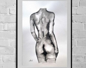 Female body ink drawing - Naked woman body art - above bed art - bathroom wall art - minimalist art - bedroom wall decor - black and white