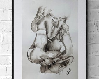 Lovers Embrace Ink Art: Sensual Couple Watercolor Painting (15x22)