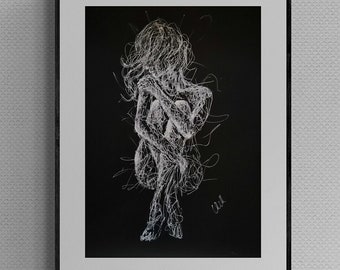 Desenho em preto e branco: Arte de figura feminina sensual (33 x 50 cm)