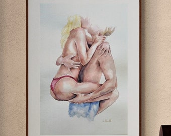 Lovers Watercolor Painting: Sensual Bedroom Wall Art (15x22)