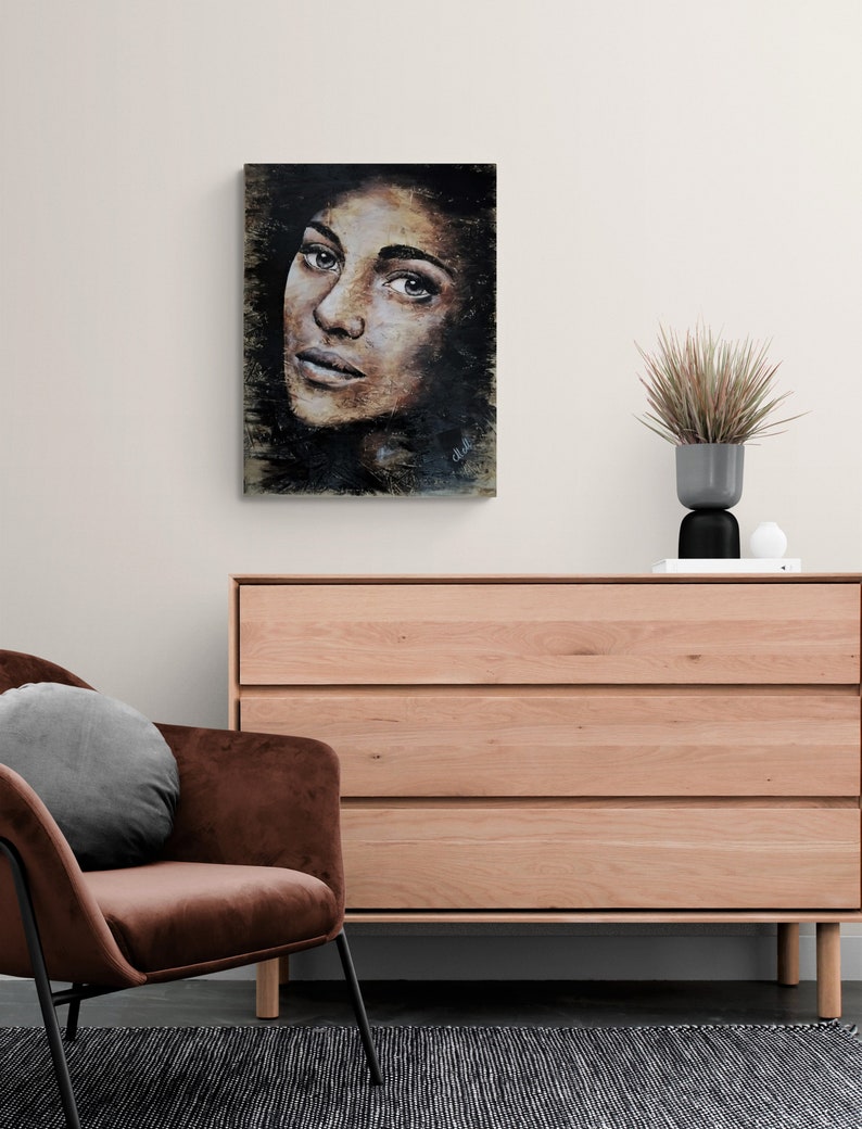 Modern wood wall art enjoy the wood wood art commission living room decor wood panel art painting on wood slice face drawing image 7