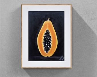 Papaya Oil Pastel Painting – Original Fruit Still Life Artwork (13x10)