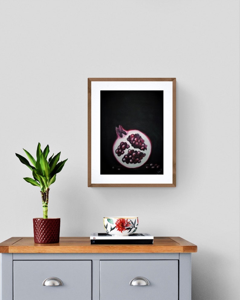 Pomegranate art is minimalist wall art made with oil pastel colors on velour paper.