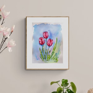 Rote Tulpe Malerei - Frühlings Blumenbild - Original Aquarell Blumen - Aquarell Blumen - Rote Tulpe - Frühlings-Wand-Dekor