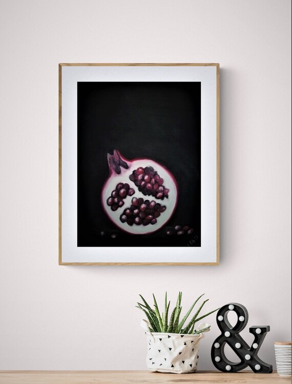 Pomegranate Oil Pastel Painting: Minimalist Kitchen Wall Art