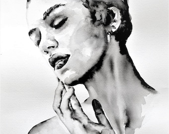 インク肖像画 - ミニマリストの壁画 - 水彩画の女性の肖像画の横顔 - 情熱的な絵 - 白黒の顔 - 女性のアートワーク