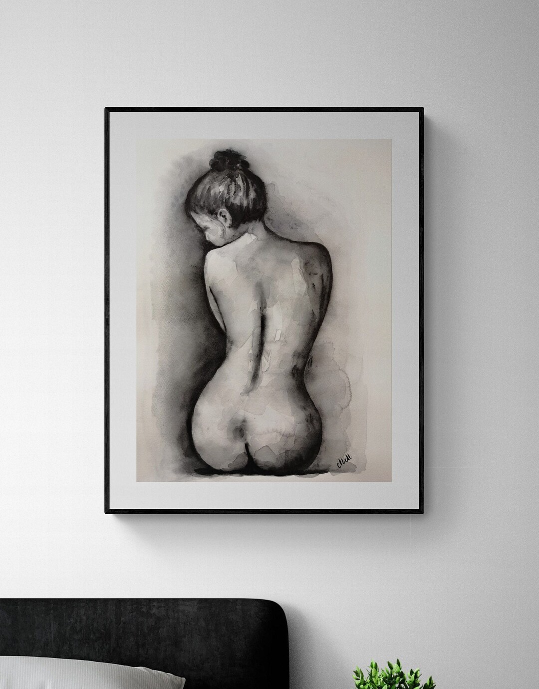 Black and White Nude Painting Above Bed Decor Female Body