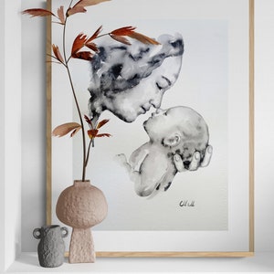 Motherhood love painting - Mother with baby wall art - family aquarelle - mom and child art - maternal love - minimalistic black ink art