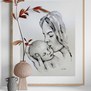 Motherhood love painting - Mother with baby wall art - family aquarelle - mom and child art - maternal love - minimalistic black ink art