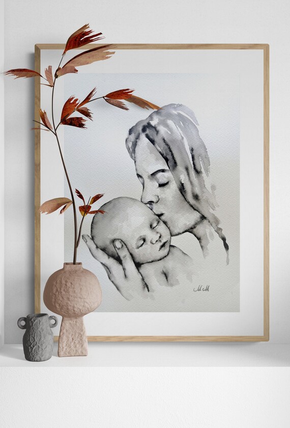 Motherhood love painting Mother with baby wall art family aquarelle mom and child art