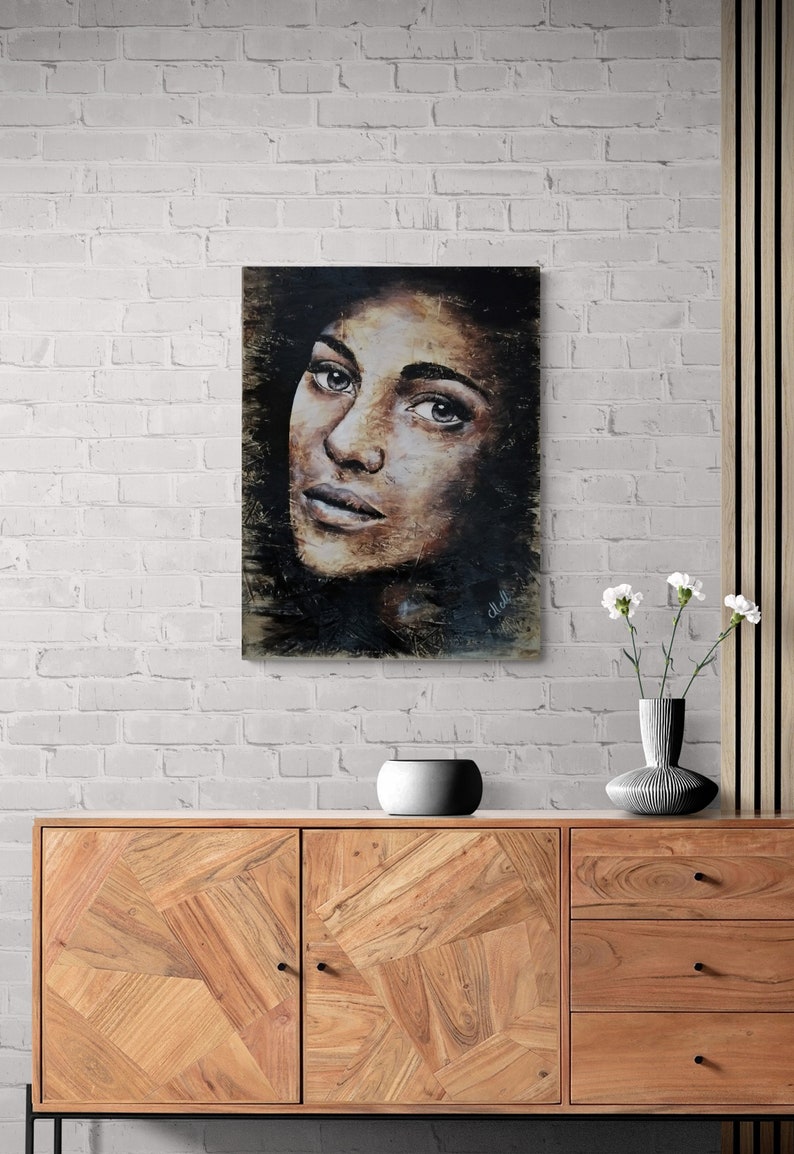 Modern wood wall art enjoy the wood wood art commission living room decor wood panel art painting on wood slice face drawing image 4