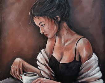 Woman and Coffee: Original Oil Painting, Sensual Wall Art (20" x 24")