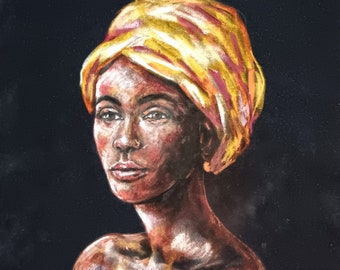 Portret zwarte vrouw: origineel oliepastelschilderij, Afrikaanse koninginkunst (14 x 20)